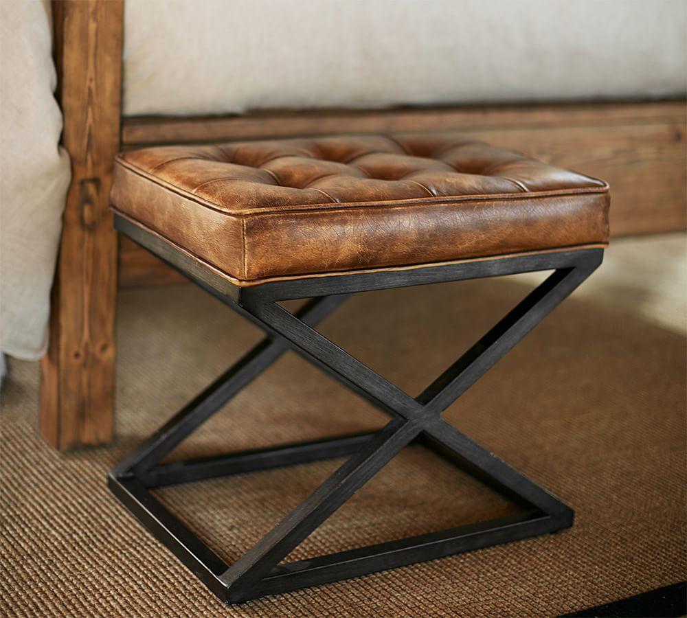 Kirkham Tufted Leather X Base Stool Pottery Barn Australia